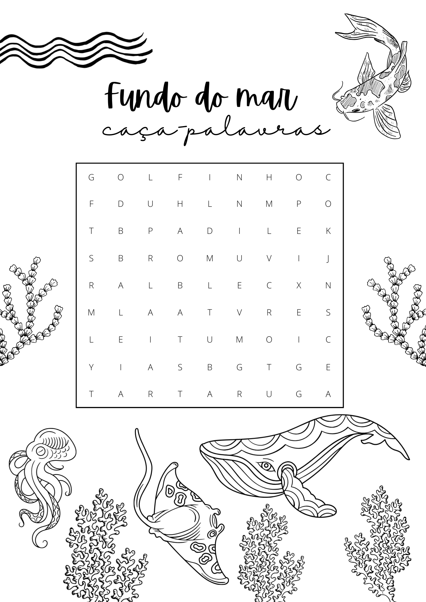 Folha de atividades A4 de caça-palavras sobre animais marinhos